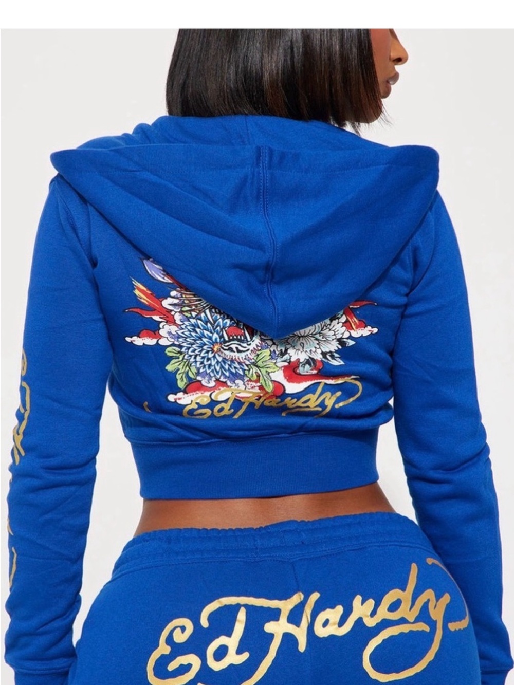 Ed Hardy Royal Blue gold Cropped Hoodie with dragon Back Graphic S